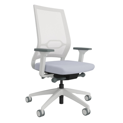 Hellgrauer Bürodrehstuhl mit hoher Rückenlehne und 2D-Armlehnen auf einem weißen Drehfuß.