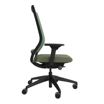 Bürodrehstuhl in grün mit hoher Rückenlehne und Armlehnen, seitlich aufgenommen.