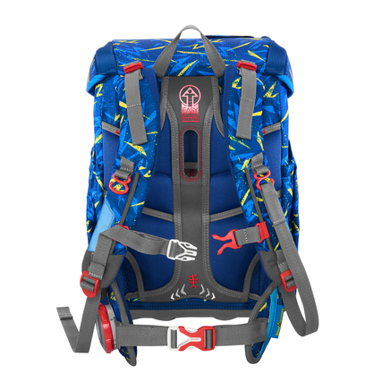 Rückansicht eines blauen Schulranzens mit verstellbaren Gurten und stabiler Bodenplatte.