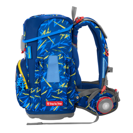 Schulranzen in Blau mit buntem Design, seitliche Ansicht und Gummizug-Taschen.