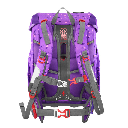 Rückansicht eines lila Schulranzens mit verstellbaren Gurten und reflektierenden Elementen.