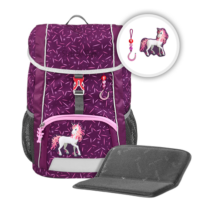 Lila Kindergartenrucksack mit Einhornmotiv, Reißverschluss und einem grauen Sitzkissen.