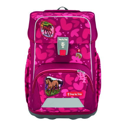 Rosa Schulranzen mit Pferdemotiven und Herzmuster, für Kinder mit verstellbaren Gurten.