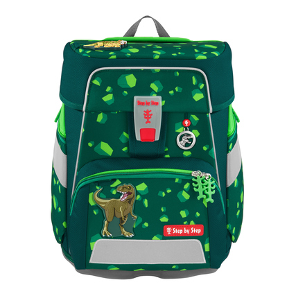 Grüner Schulranzen mit Dinosaurier-Motiv und reflektierenden Elementen, Ansicht von vorne.
