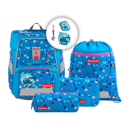 Schulranzen und Zubehör in blau mit Punkten und Delfin-Design, inklusive Rucksack und Federmappe.