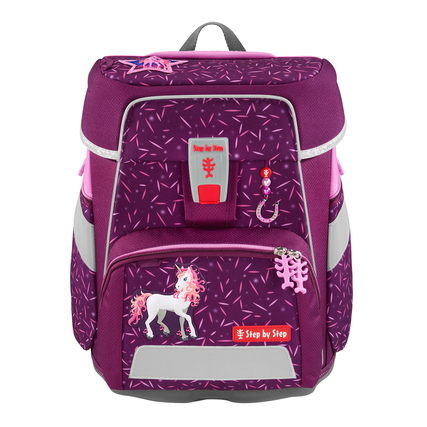 Lila Schulranzen mit einem Einhorn-Motiv und reflektierenden Elementen an Front und Seitentaschen.