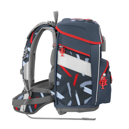 Seitenansicht eines ergonomischen Schulranzens mit farbigem Design und verstellbaren Gurten.