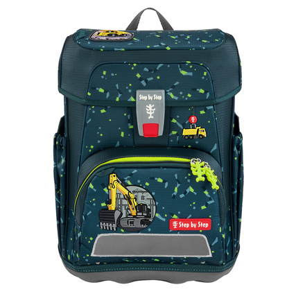 Schulranzen in dunklem Blau mit Bagger-Motiv und reflektierenden Elementen.
