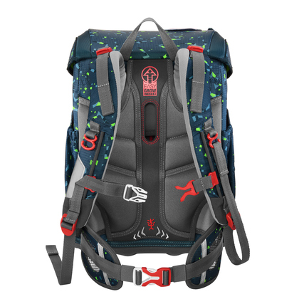 Schulranzen mit ergonomischem Design und verstellbaren Gurten, von hinten betrachtet.