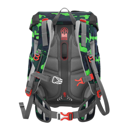 Rückansicht eines Schulranzens mit ergonomischen Tragegurten in Schwarz und Grüntönen.