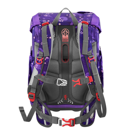 Rückansicht eines lila Schulranzens mit ergonomischen Trägern und reflektierenden Elementen.