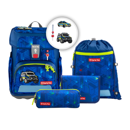 Schulranzen Set mit Ranzen, Sportbeutel und Federmäppchen in blauer Farbe mit Polizeimotiv.