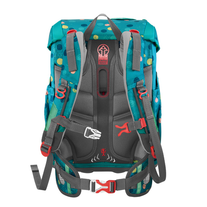 Rückansicht eines Schulranzens mit ergonomischen Gurten und Polsterung in buntem Design.