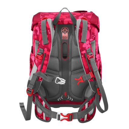 Rückansicht eines roten Schulranzens mit ergonomischem Rückenpolster und verstellbaren Gurten.