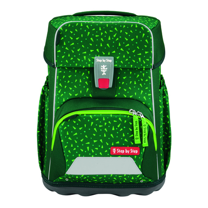 Grüner Schulranzen mit geometrischem Muster und mehreren Taschen in Front-Ansicht.