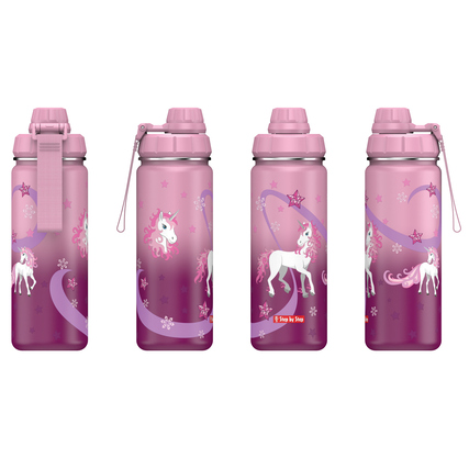 Edelstahl-Trinkflasche in Pink mit Einhorn-Motiv, abgebildet aus verschiedenen Ansichten.