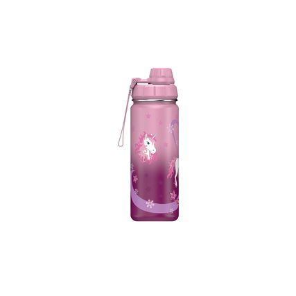 Rosa Edelstahl-Trinkflasche mit Einhorn-Motiv und Schraubverschluss, Seitenansicht.