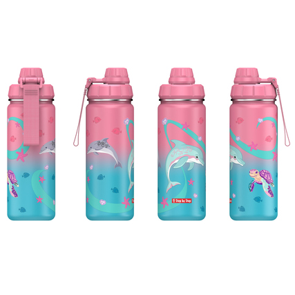 Edelstahl-Trinkflasche mit Sealife-Design in Pink und Blau, Sicht auf mehrere Seiten.