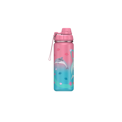 Edelstahl-Trinkflasche mit pinkem Deckel und aquatischem Sealife-Muster.