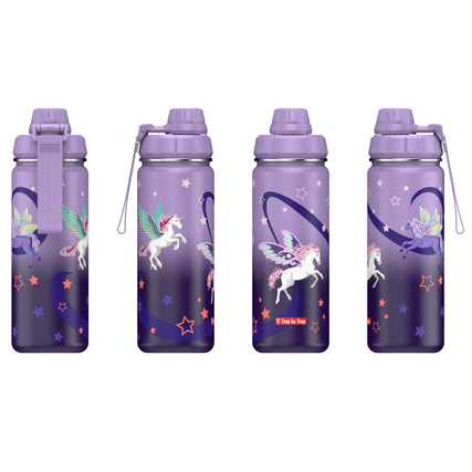 Edelstahl-Trinkflasche mit lila Einhorn-Motiv und Zubehör in vier Ansichten.