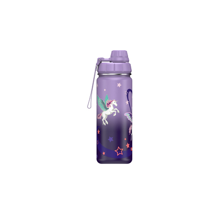 Edelstahl-Trinkflasche mit lila Einhorn-Design und Sternen, für Schule und Freizeit geeignet.
