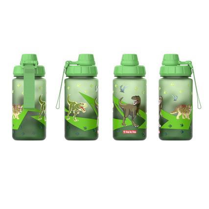 Grüne Trinkflasche aus Kunststoff mit Dinosaurier-Motiven und Schraubverschluss.