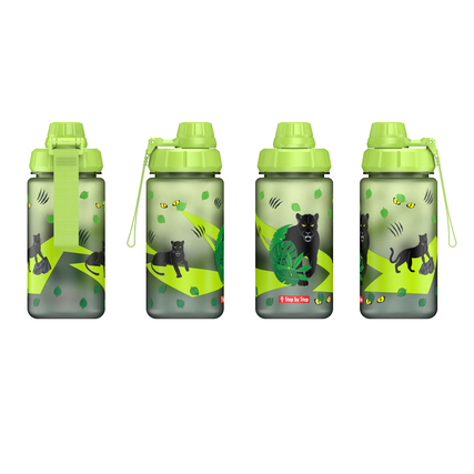 Trinkflasche mit grünem Deckel und schwarzer Katzenmotiv-Deko in vier Ansichten.