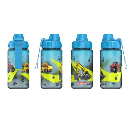 Trinkflasche aus Kunststoff mit verschiedenen Baufahrzeugen auf blauer Hintergrundfarbe.