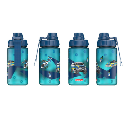 Trinkflasche aus Tritan in verschiedenen Ansichten mit Polizeimotiv.