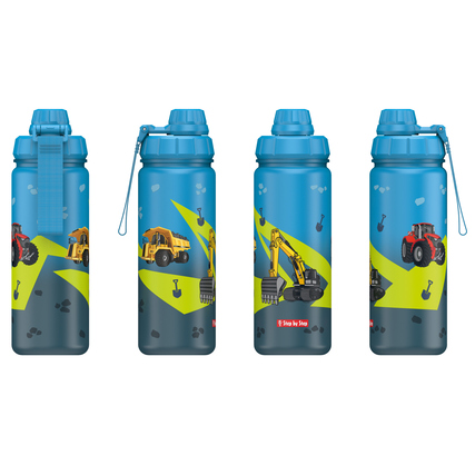 Edelstahl-Trinkflasche mit buntem Fahrzeugdesign und ausklappbarem Trinkverschluss.