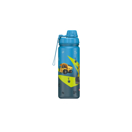 Edelstahl-Trinkflasche in Blau mit Fahrzeugmotiv und Schraubverschluss.