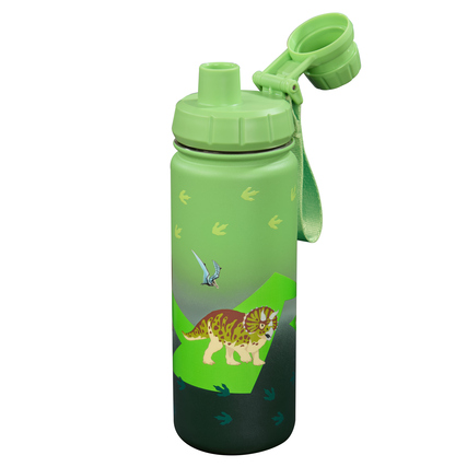 Grüne Edelstahl-Trinkflasche mit Dino-Motiv und abnehmbaren Trinkverschluss.