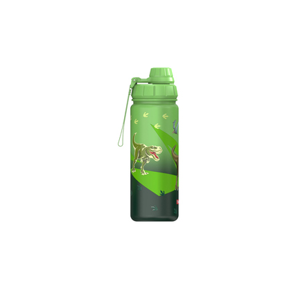 Grüne Edelstahl-Trinkflasche mit Dino-Motiven und grünem Verschluss.