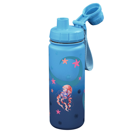 Blaue Edelstahl-Trinkflasche mit Motiv einer Qualle und Sternen, für Schule und Freizeit.