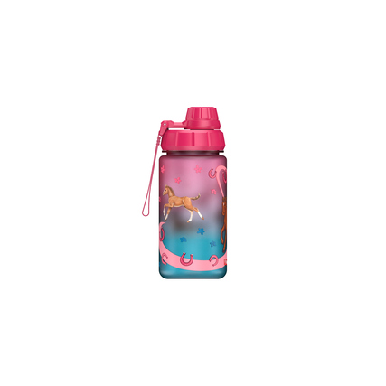 Bunte Trinkflasche aus Kunststoff mit Pferdemotiv und pinkem Verschluss.