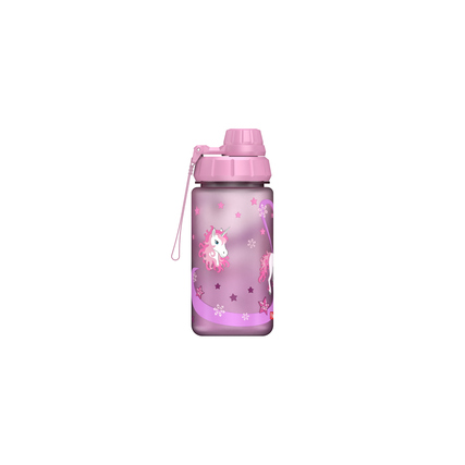 Pinkfarbene Trinkflasche mit Einhorn-Motiv, geeignet für Schule und Freizeit.