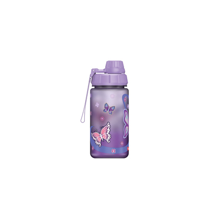 Lila Trinkflasche aus Tritan mit Schmetterlingsmotiven und Schraubverschluss.