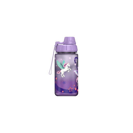 Lila Trinkflasche aus Kunststoff mit Einhorn-Design und abnehmbarer Kappe.