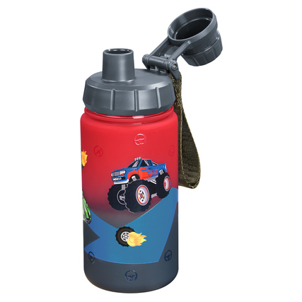 Rote Trinkflasche aus Tritan mit Rennwagenmotiv und einem grauen Schraubverschluss.