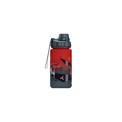 Rote Trinkflasche mit grauen und schwarzen Designelementen, geeignet für Schule und Freizeit.