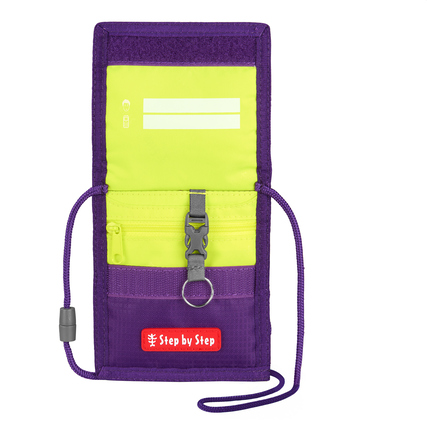 Brustbeutel mit Klarsichtfach, Reißverschluss und Befestigungsschlaufe in Lila und Gelb.