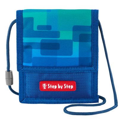 Blauer Brustbeutel mit geometrischem Muster und Halteschnur, mit rotem Markenlogo.