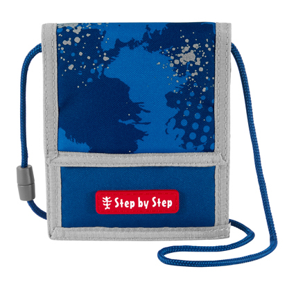 Blauer Brustbeutel mit Karabiner und Klarsichtfach für Ausweis und Geld.