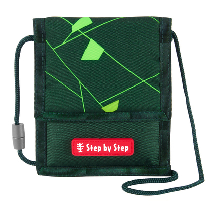 Skincare Brustbeutel mit grünem geometrischem Muster und rot-weißer Markenbezeichnung.