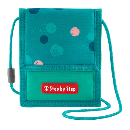 Brustbeutel in Türkis mit bunten Punkten und einem roten Logo, um den Hals tragbar.