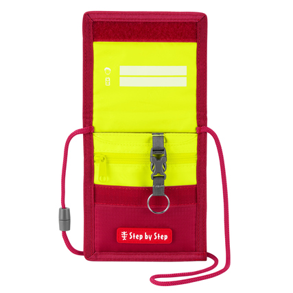 Brustbeutel mit Klarsichtfach, Reißverschluss und Schlüsselbefestigung in Rot und Gelb.