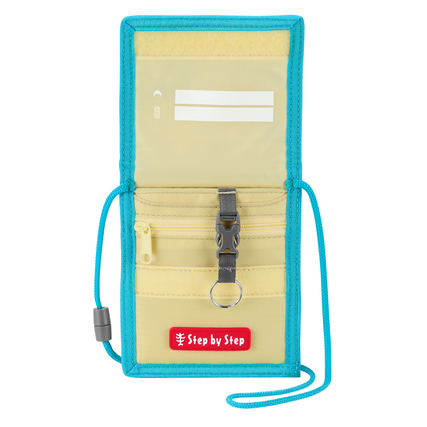 Brustbeutel mit Klarsichtfach, Reißverschluss und Schlüsselbefestigung in gelb und blau.