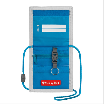 Blauer Brustbeutel mit Klarsichtfach, Reißverschluss und Schlüsselbefestigung, zum Umhängen.