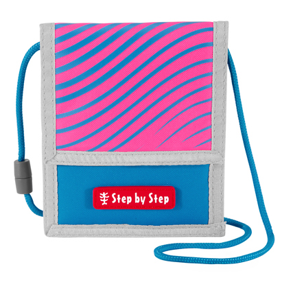 Brustbeutel mit pink-blauem Design und Trageband für Kinder.