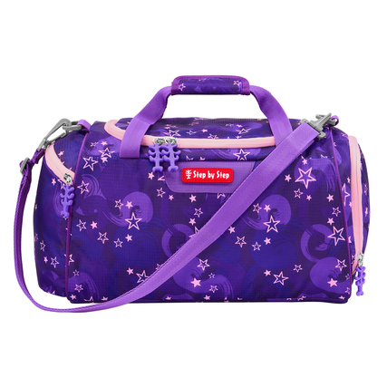 Lila Sporttasche mit Sternenmotiven, Grifflöchern und Schultergurt.